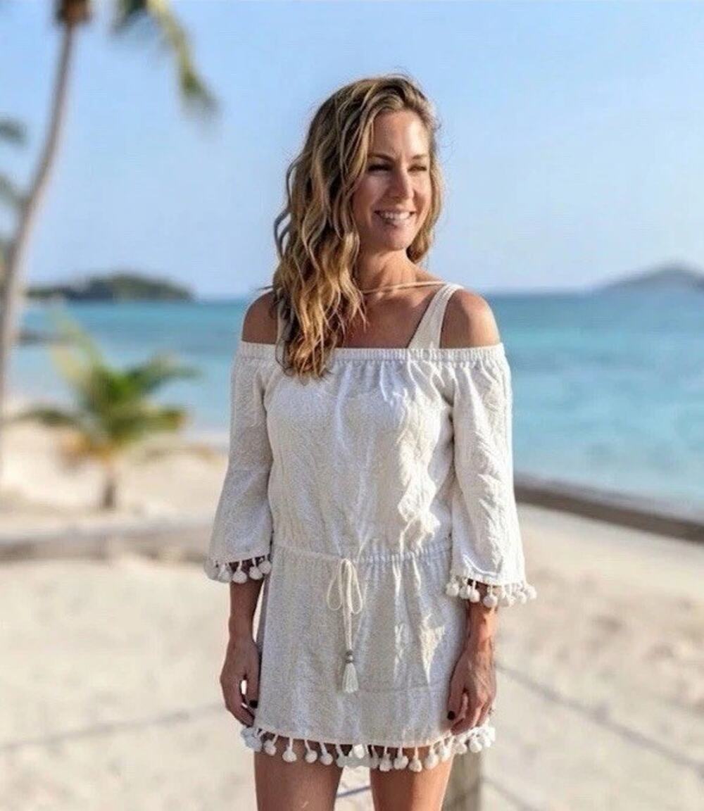 Women's Blue Island White Tassel Fringe Pullover Beach Coverup Size M NWT